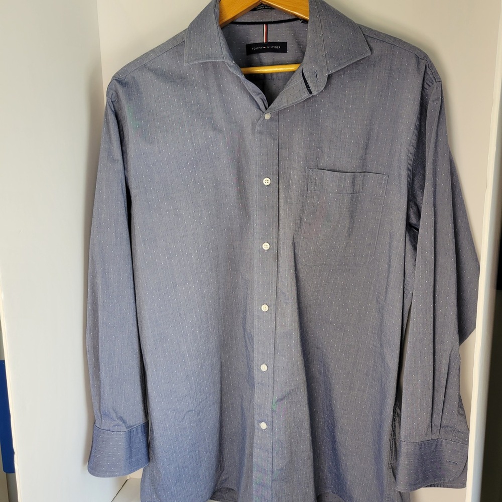 Tommy Hilfiger Mens Blue Micro Dot Regular Fit Stretch Dress Shirt 16-16.5 32/33